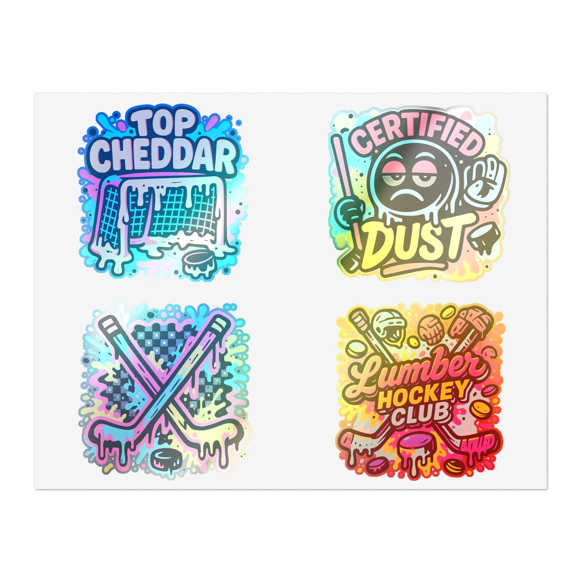Lumber Hockey Club Sticker Sheet – Neon Drip, Top Cheddar, Certified Dust & Hockey Stick Vinyl Stickers Paper products 11" × 8.5" Holographic Die-Cut