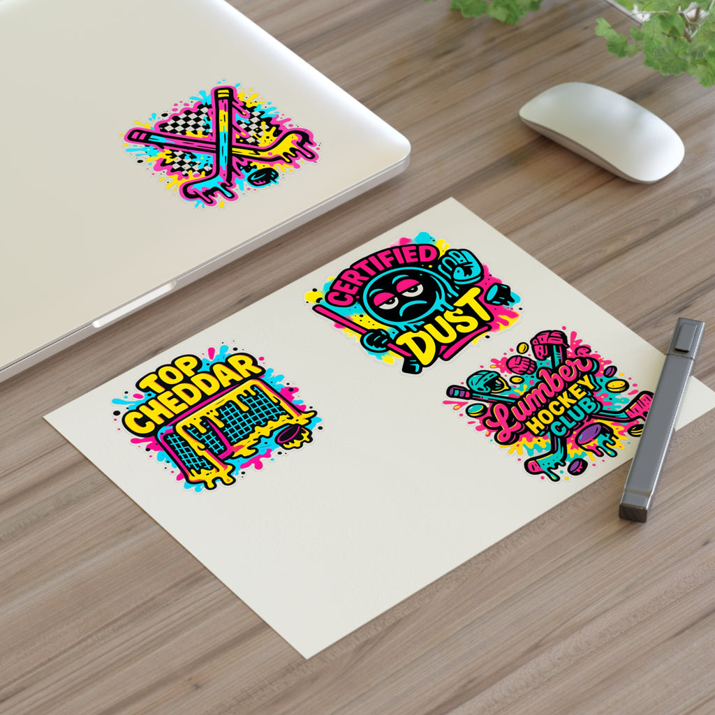 Lumber Hockey Club Sticker Sheet – Neon Drip, Top Cheddar, Certified Dust & Hockey Stick Vinyl Stickers Paper products