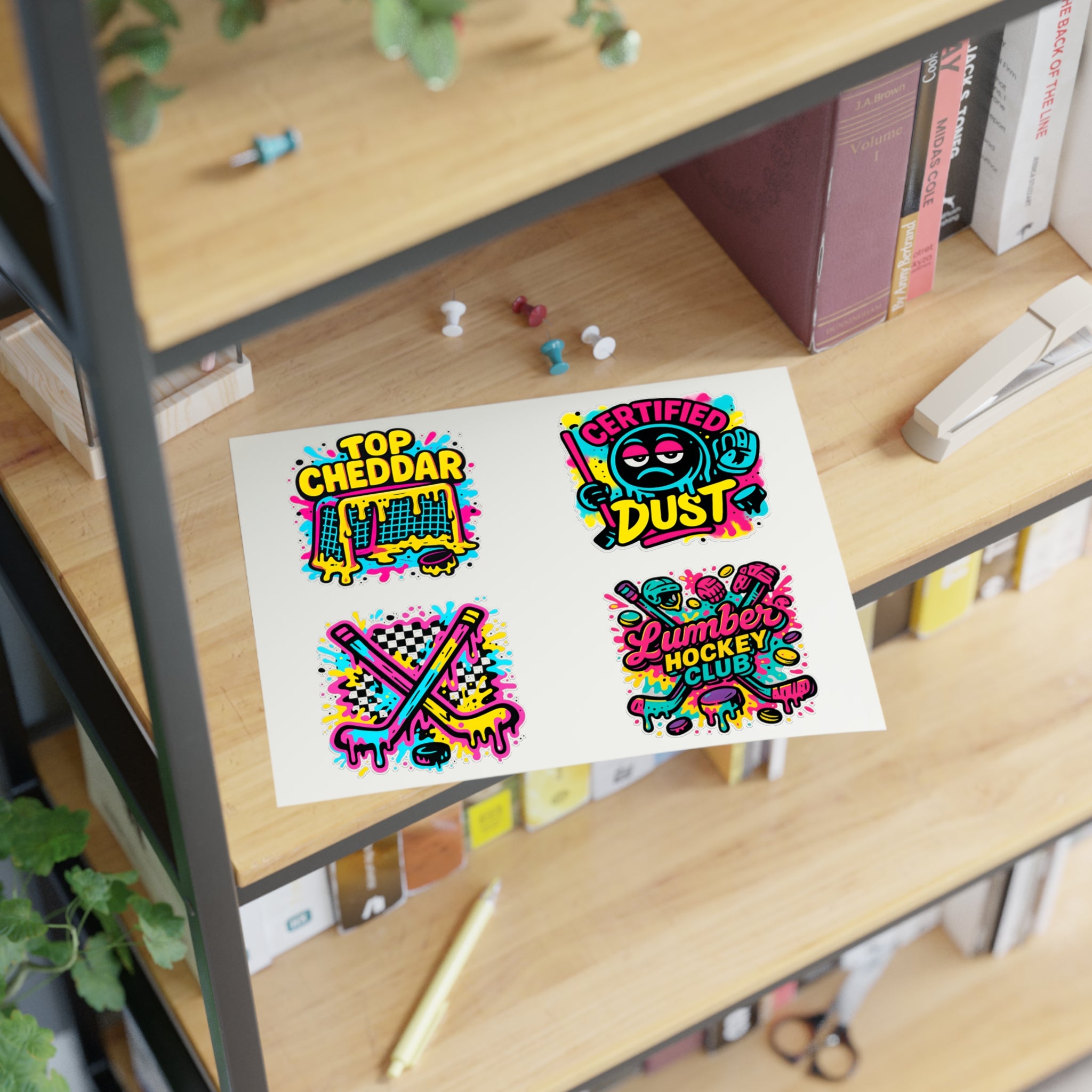 Lumber Hockey Club Sticker Sheet – Neon Drip, Top Cheddar, Certified Dust & Hockey Stick Vinyl Stickers Paper products