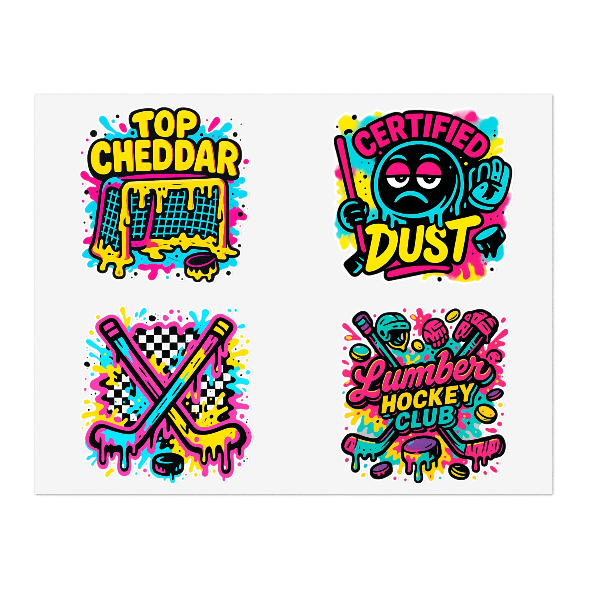 Lumber Hockey Club Sticker Sheet – Neon Drip, Top Cheddar, Certified Dust & Hockey Stick Vinyl Stickers Paper products