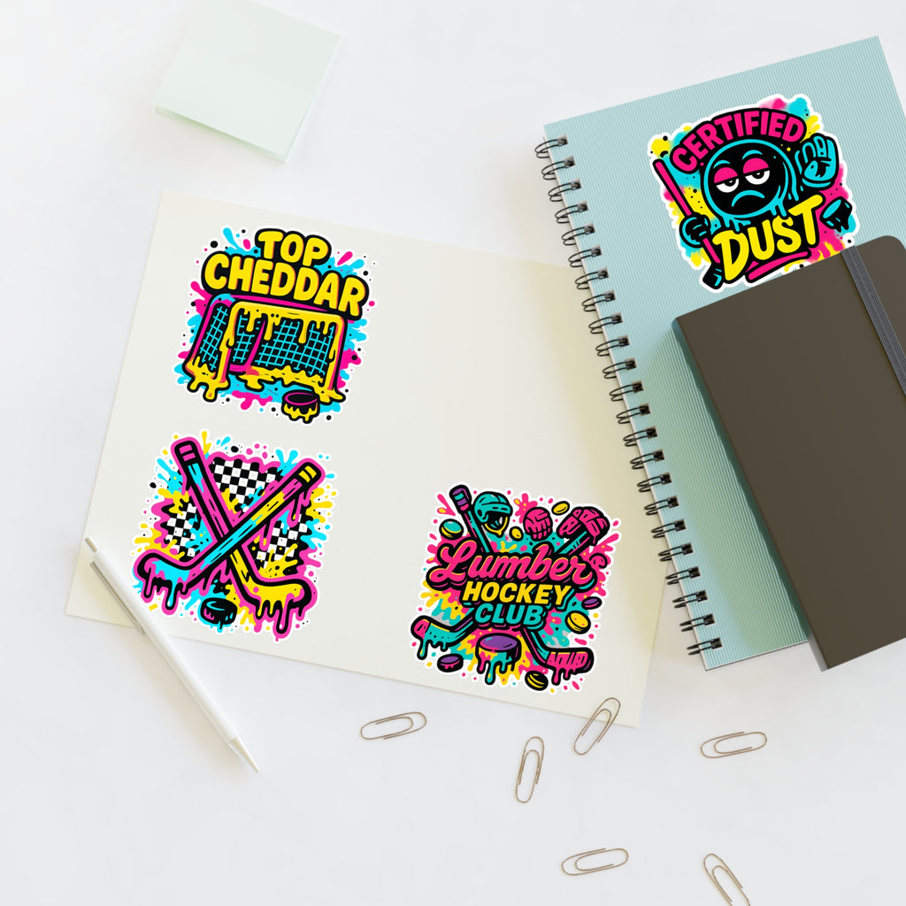 Lumber Hockey Club Sticker Sheet – Neon Drip, Top Cheddar, Certified Dust & Hockey Stick Vinyl Stickers Paper products