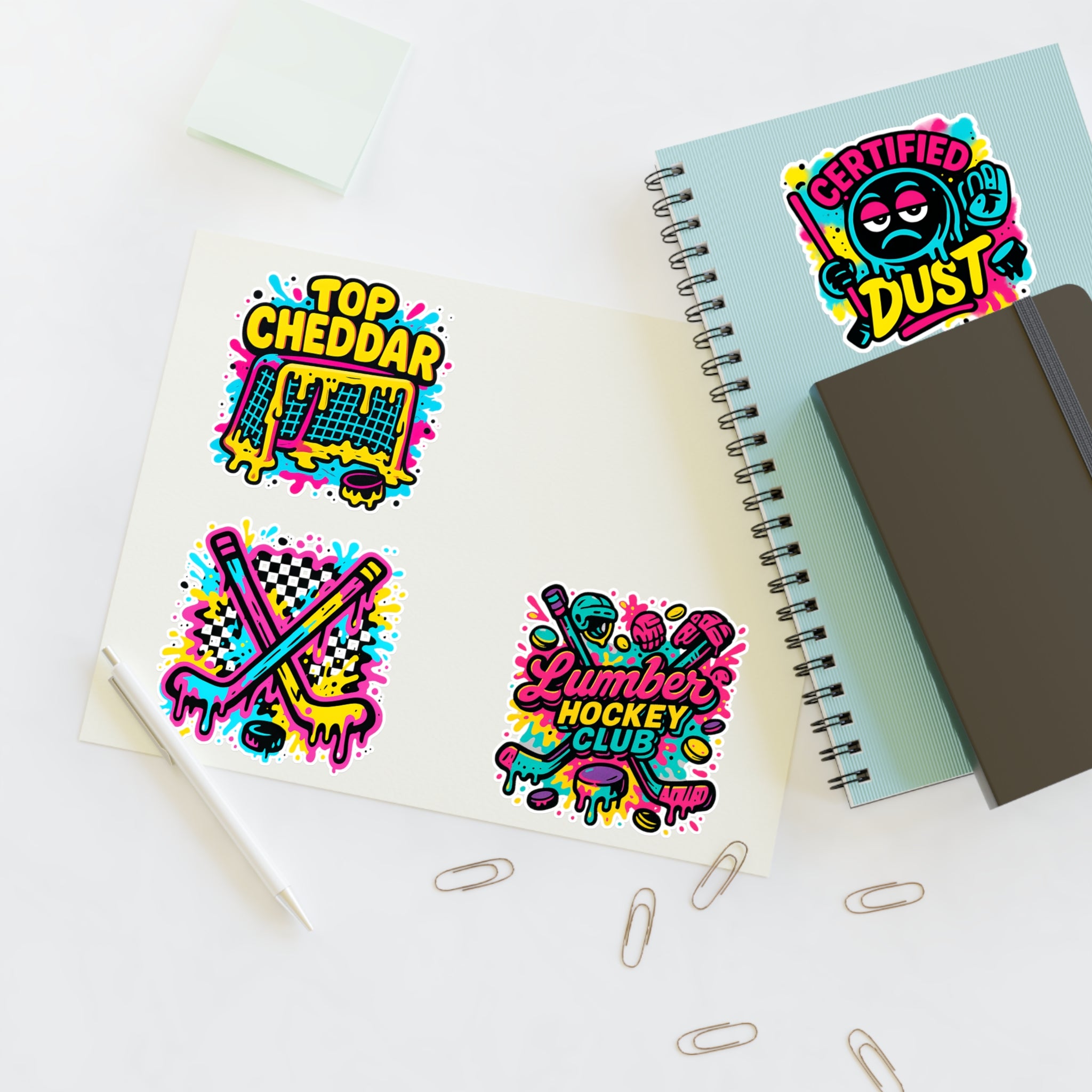 Lumber Hockey Club Sticker Sheet – Neon Drip, Top Cheddar, Certified Dust & Hockey Stick Vinyl Stickers Paper products