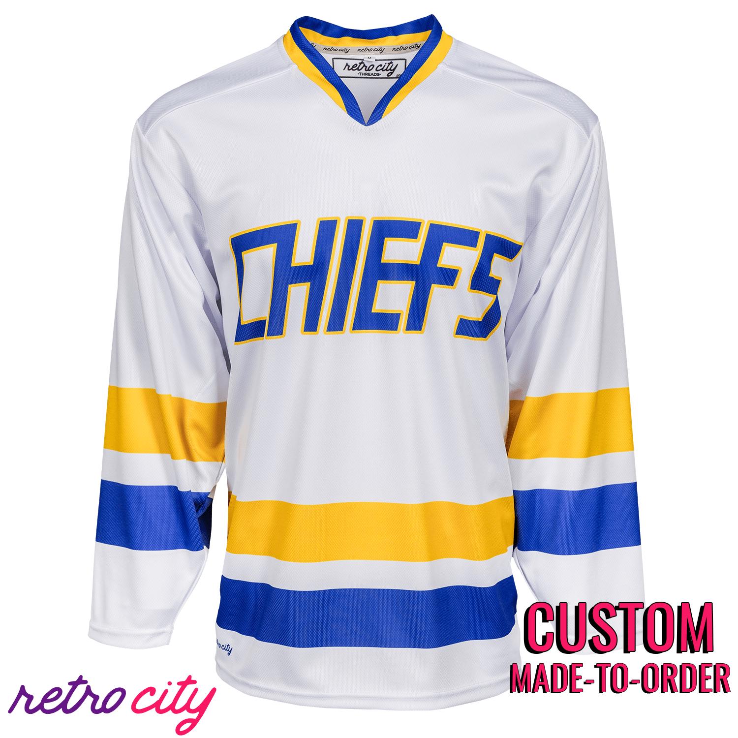 Charlestown Chiefs Slap Shot Hockey Jersey Sweater (White) – by Retro City Threads Hockey Jersey